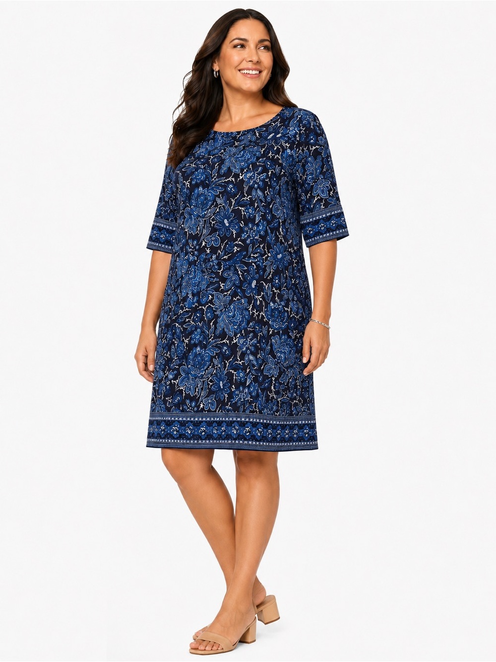 Roz & Ali Blue Floral Border Print Shift Dress XL Stretch Knit Bandana Print
